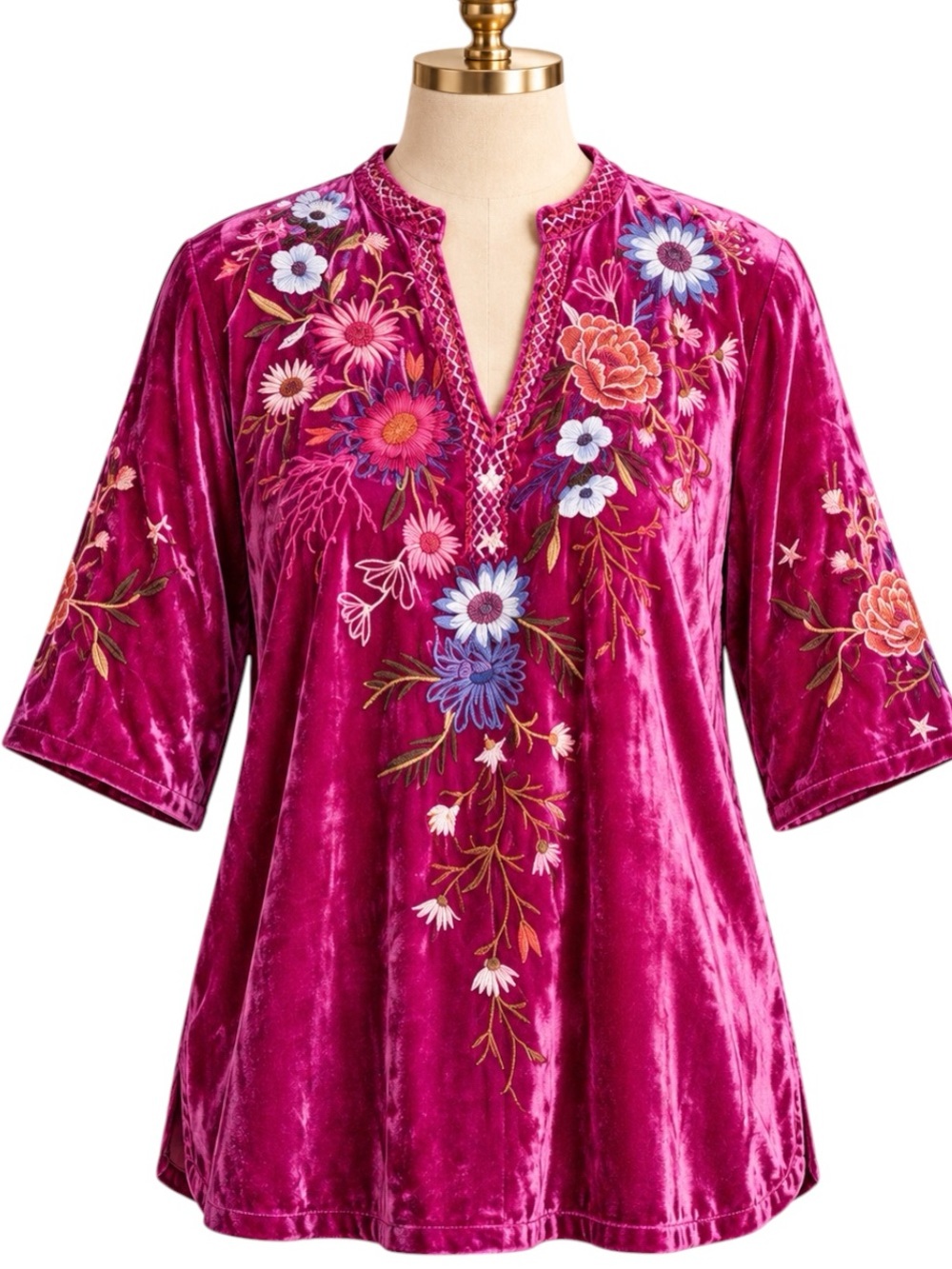 Johnny Was ULLA VELVET HEAVILY EMBROIDERED EASY V‑NECK BLOUSE NWT